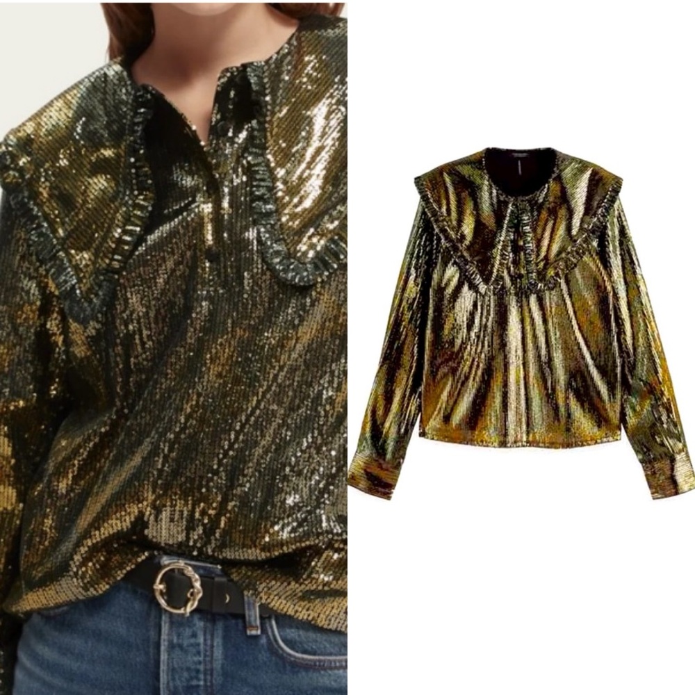 Scotch & Soda Gold Sequin Blouse with Elegant Ruffles